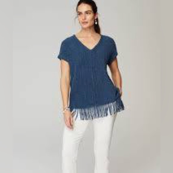 J. Jill Pure Jill Fringed Hem V Neck Short Sleeve Knit Sweater Slate Blue Sz XSP - Picture 1 of 10